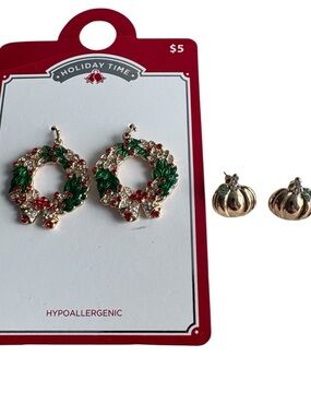 2 Pairs Gold Tone Seasonal Pierced Earrings Fall Pumpkins and Christmas Wreaths